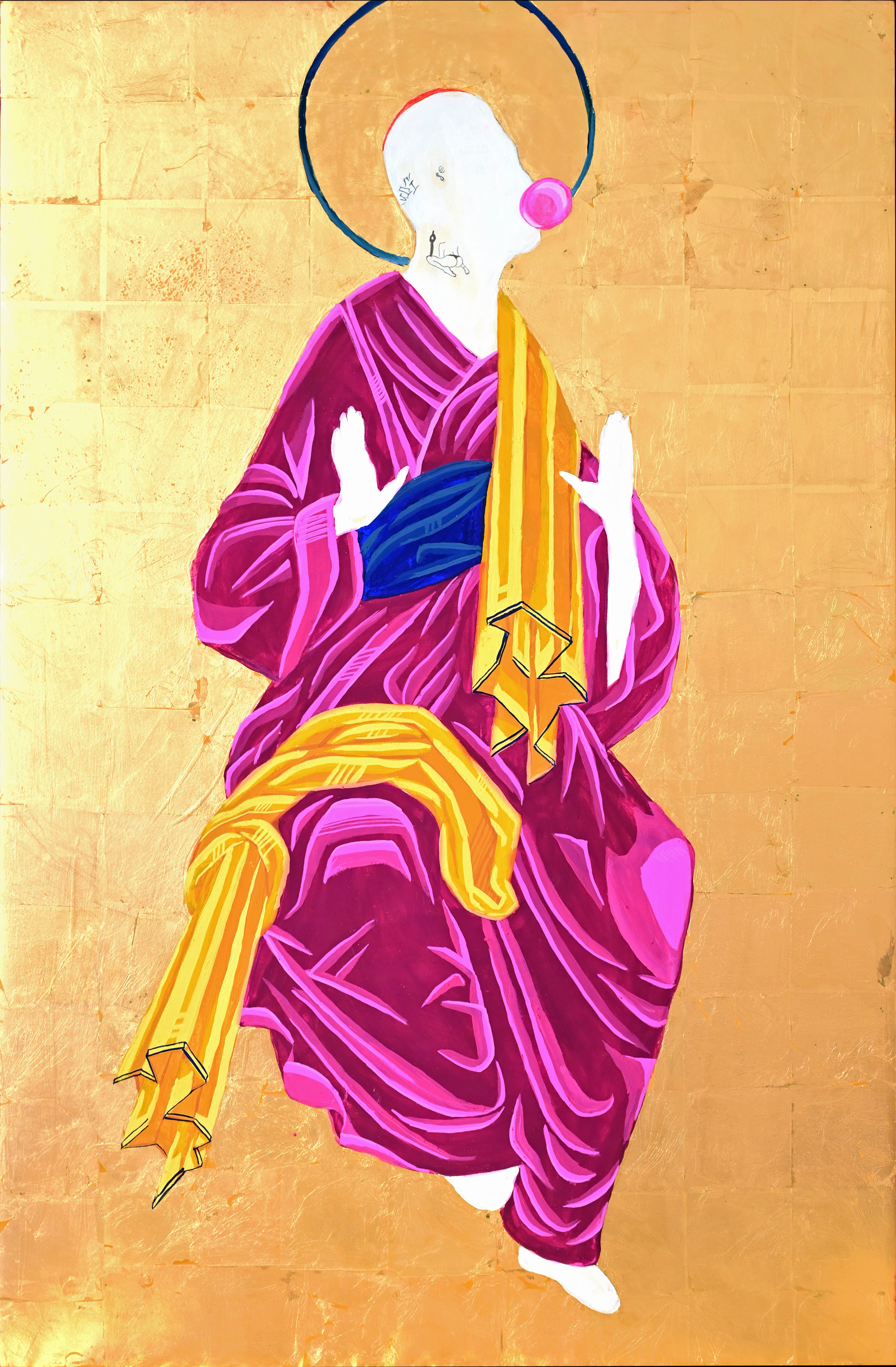 Sfera ebbasta, 59 x 90 cm, icona a tempera all'uovo su tavola e foglia oro, courtesy by Traffic Gallery
